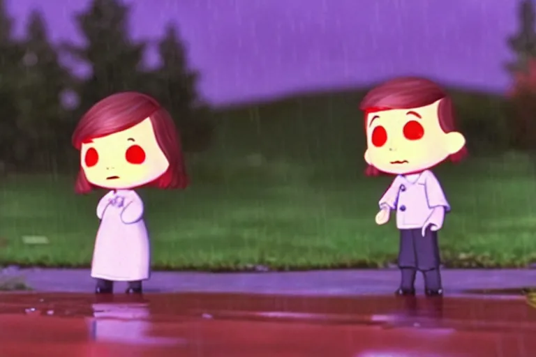 Prompt: A sad scene in the rain, glitchcore, morel orel screencap