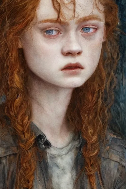 Prompt: sadie sink in the role of ellie in the last of us, dirt, fashion, fantasy, art by ayami kojima, vasnetsov, cedric peyravernay