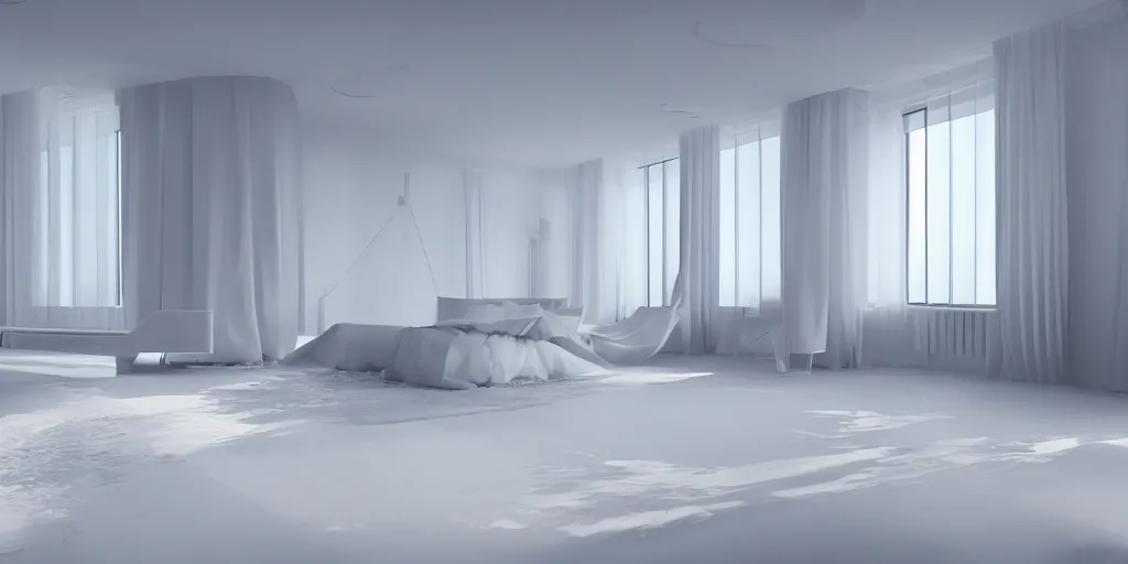 Image similar to a white futuristic bed in a futuristic minimalistic room with a huge window overlooking space, photorealistic, cinematic, octane render