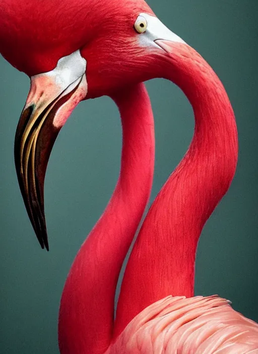 Image similar to portrait of a flamingo with translucent skin, visible muscles and veins and arteries and bones and spines and nerves, beautiful detailed intricate insanely detailed octane render, 8k artistic photography, photorealistic, chiaroscuro, by David Cronenberg, Raphael, Caravaggio