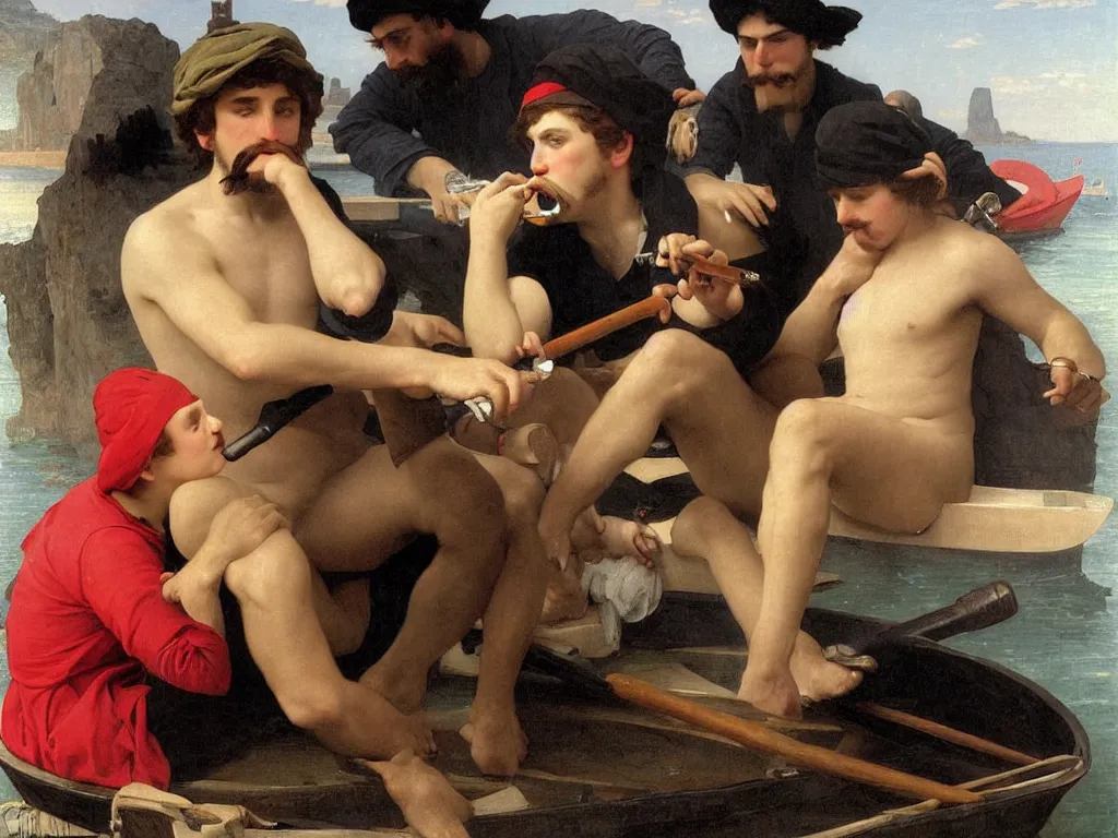 Prompt: a young french sailor with a mustache and a red beanie hat is smoking a pipe in his boat, by bouguereau and by botticelli