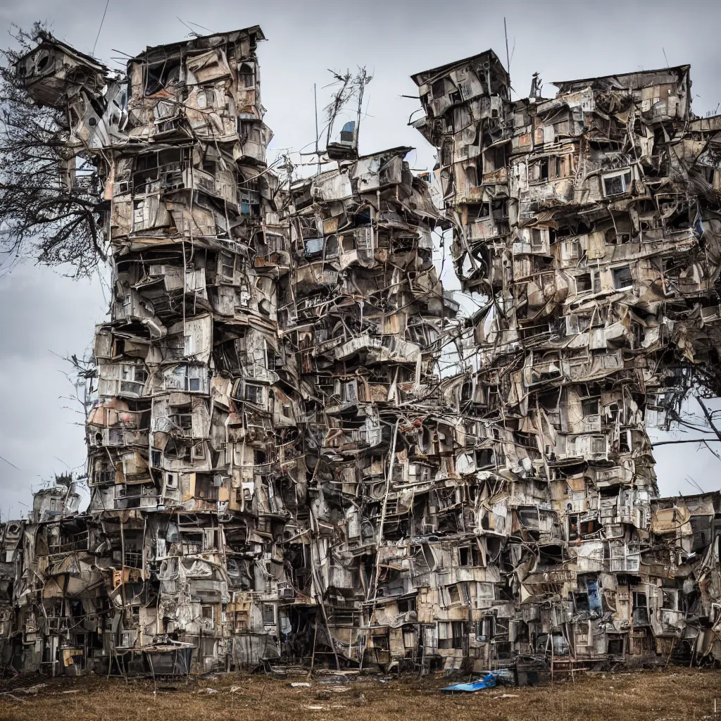 Image similar to a tower made up of makeshift squatter shacks of different sizes, dystopia, sony a 7 r 3, f 1 1, fully frontal view, photographed by jeanette hagglund, ultra detailed,