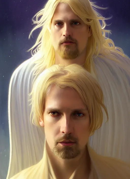 Image similar to Portrait of Clive Palmer, blonde shaggy hair, cloak, ethereal wings, fantasy, extremely detailed, digital painting, artstation, concept art, smooth, sharp focus, illustration, stunning lighting, art by artgerm and greg rutkowski and alphonse mucha and simon stalenhag, realistic character concept, high fantasy, light atmosphere, golden ratio, cinematic lighting, hyperdetailed, high resolution, insanely detailed and intricate, artstation, Marc Simonetti, Greg Rutkowski, 8k