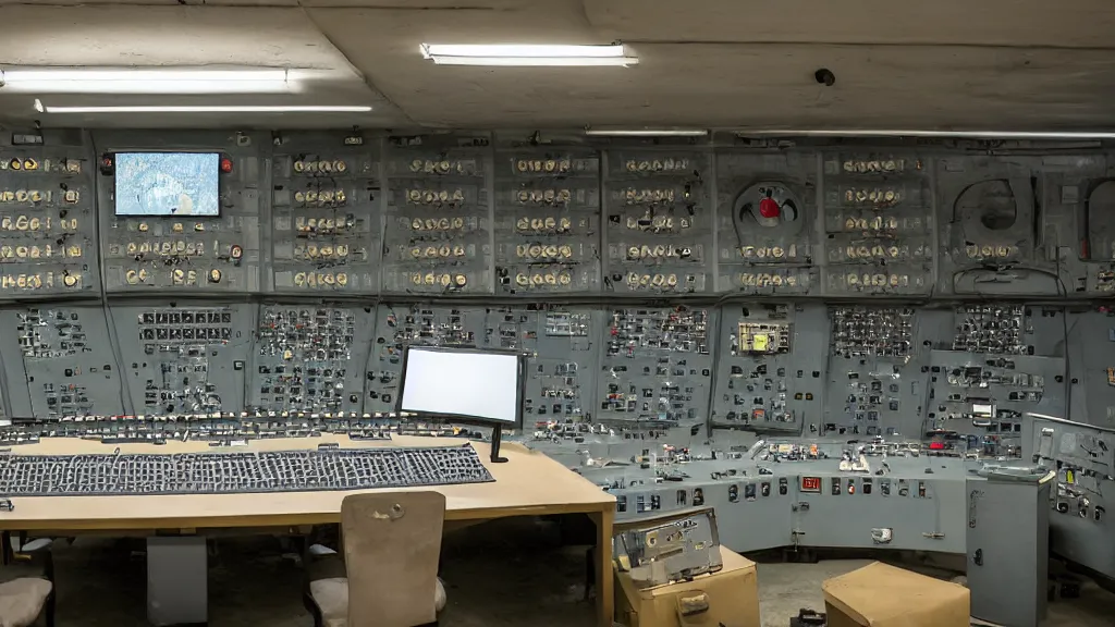 Prompt: global thermonuclear war control panel in a bunker