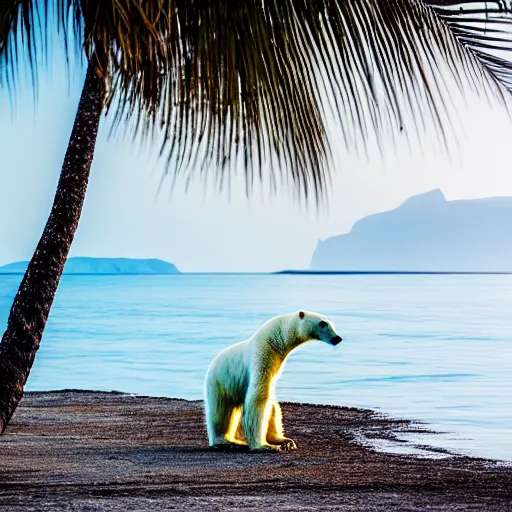 Image similar to a photo of a really skinny polar bear on a tiny pacific island, beautiful desert island with coconut trees, ultra detailed, 50mm f/1.4, national geographic