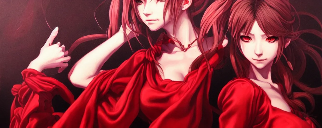 Image similar to a portrait of catgirl wearing red silk dress an ultrafine detailed painting, detailed painting, detailed eyes!!, final fantasy octopath traveler ghibly