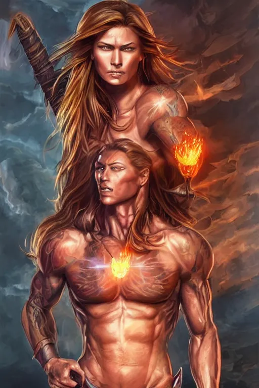 Image similar to torso close - up and and face portrait of pretty muscular sam winchester as a warrior mage spellcasting fireballs, muscular body tattooed, d & d!, fantasy style, sharp focus!, ultra detailed, art by artgerm and peter andrew jones, wlop