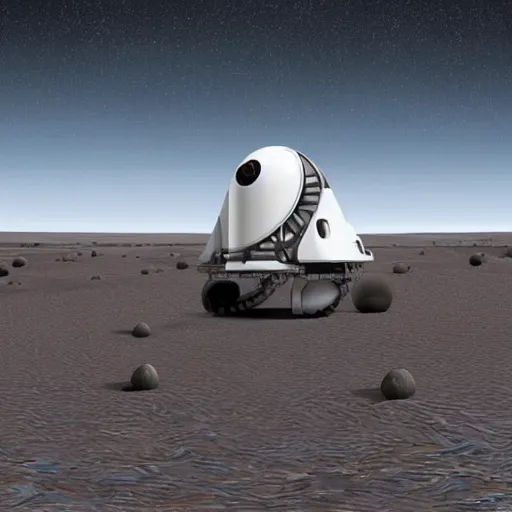 Image similar to a Space X design inspired, huge, white colored, tall, rounded rectangular shaped five-level cargo personnel planetary transport vehicle with orange accents, wires and tubes, communication systems, antennas, hemisphere shaped life support on top, stairs, big off road wheels, on a flat desert planet, bright sunlight, high quality, 3D render, long shot, clear blue sky, detailed, sharp