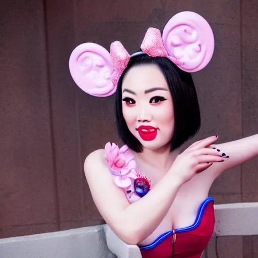 Prompt: beautiful bald chinese woman with pinup girl makeup at disneyland wearing mouse ears, night, highly detailed, theatrical lighting, sharp focus, unreal engine, epic cinematic hyperrealism masterpiece