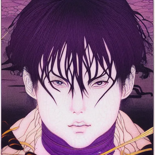 Image similar to prompt : portrait of muse soft light painted by takato yamamoto, purple iris rinnegan eyes, inspired by ninja anime, smooth face feature, intricate oil painting, high detail, sharp high detail, manga and anime