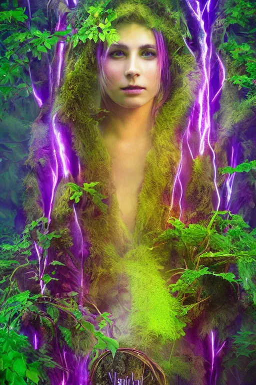 Image similar to Shaman of the purple forest, neon cloak, mycelium, fungi, vines, ultradetailed, volumetric lighting, 4k UHD, film poster.