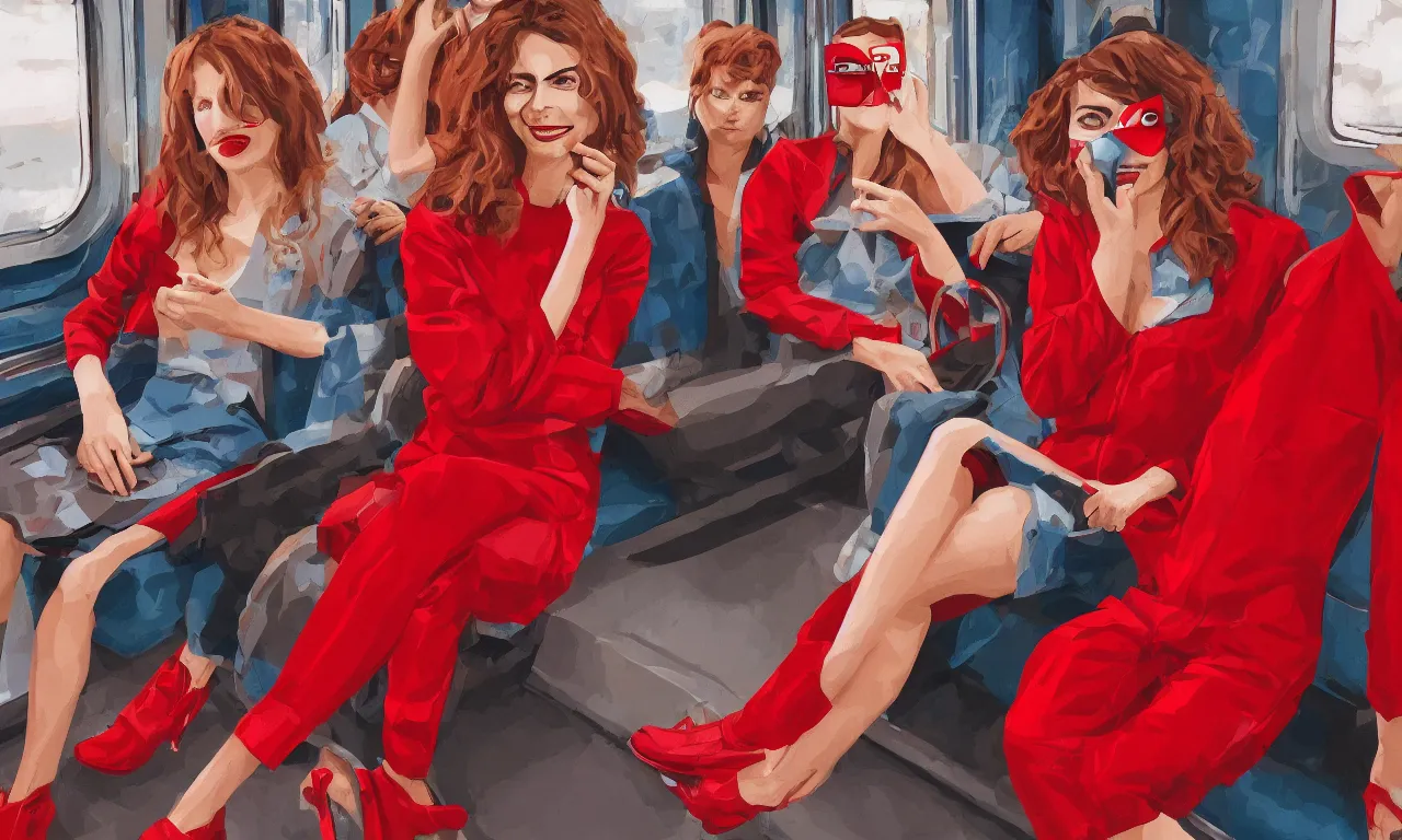 Prompt: a pretty woman sits on the train, wearing a red jumpsuit, a red domino mask, and red platform shoes, digital art, highly detailed, 4 k