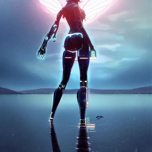 Prompt: a beautiful cyborg - angel girl!! standing on a lake, rainfall, biomechanical details, digital cyberpunk anime art, full body shot!!, reflections, lens flare, promotional poster, wlop!!, ilya kuvshinov, artgerm, krenz cushart, greg rutkowski