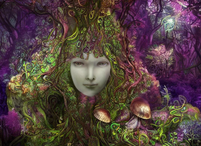 Prompt: glowing delicate flower and mushrooms that grow in a dark fatansy forest on the planet Pandora, an idealistic marble statue with fractal flowery hair in a fractal garden,