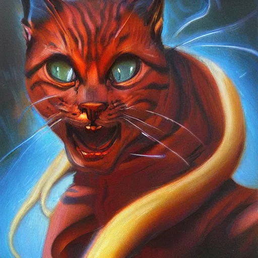 Image similar to portrait of cat demon, coherent! by brom! deep colors, strong lines, high contrast