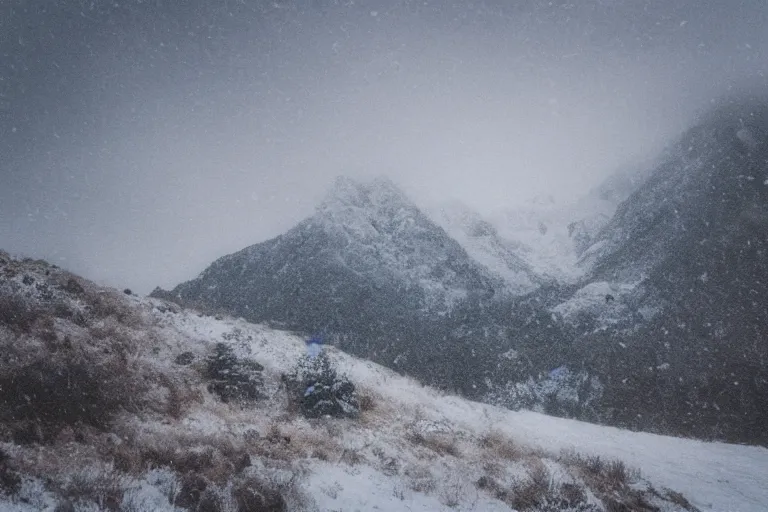 Prompt: mountain landscape in a blizzard