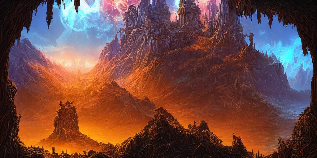 Image similar to fantasy world portal by Dan Mumford dramatic lighting, cinematic establishing shot, extremely high detail, photorealistic, cinematic lighting