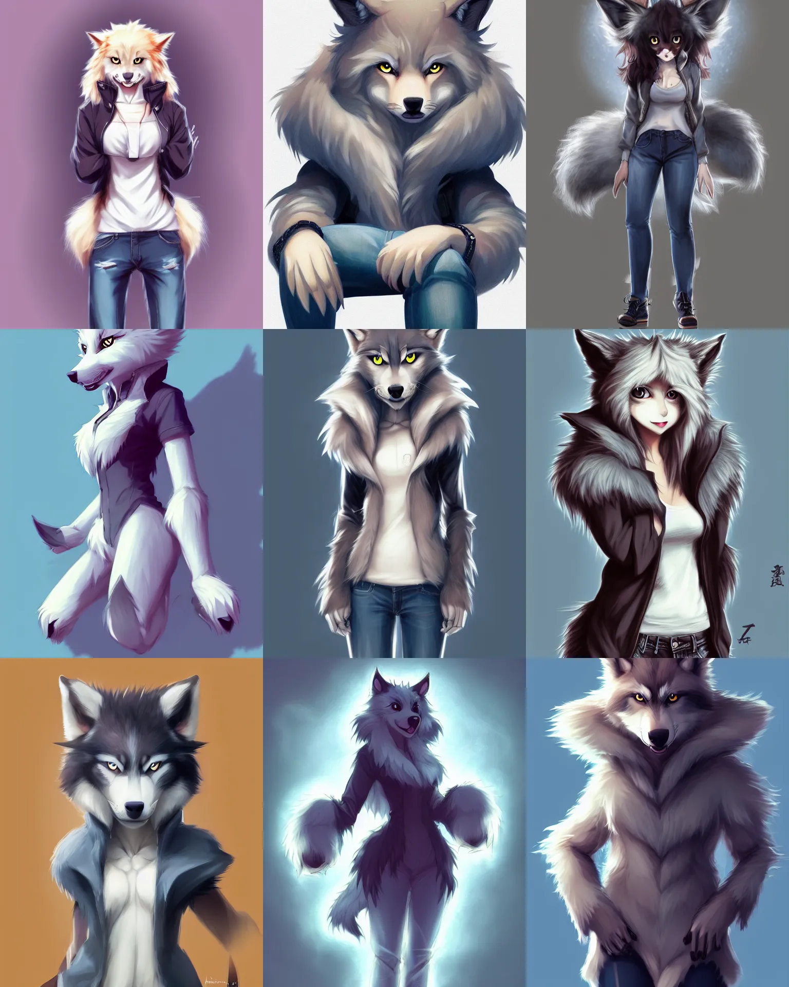 Prompt: fullbody portrait of anthropomorphic half - wolf hybrid fluffy cute anime character with paws wearing jeans and coat, attractive face, animal nose, concept art, anime art, by a - 1 picture, trending on artstation artgerm, ross tran, wlop, marc davis, furaffinity