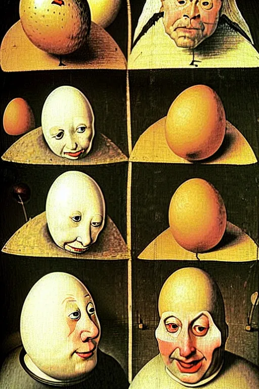 Image similar to egg heads with round humpty dumpty silly facial expressions, realistic, by hieronymus bosch and pieter brueghel