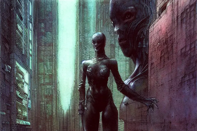 Image similar to cute tomboy girl with short hairs in cybercity by luis royo and wayne barlowe, beksinski