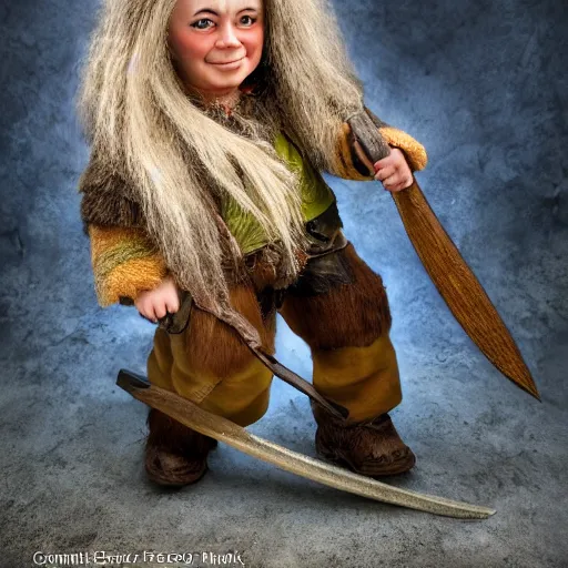 Prompt: photorealistic photograph of female dwarf with axe by Suzi Eszterhas, photorealism, photorealistic, realism, real, highly detailed, ultra detailed, detailed, f/2.8L Canon EF IS lens, Canon EOS-1D Mark II, Wildlife Photographer of the Year, Pulitzer Prize for Photography, 8k