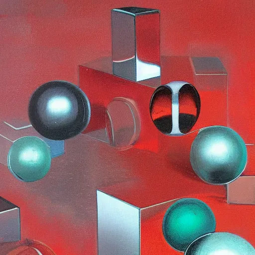 Prompt: chrome spheres on a red cube by henry justice ford