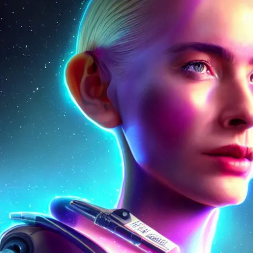 Image similar to celestial goddess facial portrait, legendary epic shot, 90s make-up, galaxy space hunter, cyber implants, wires, low angle, dawn, by artgerm, julie bell, beeple and Greg Rutkowski, airbrush, science fantasy, 90s, concept art, realistic matte painting, Smooth gradients, octane render, 8k, High contrast, duo tone, depth of field, volumetric lightning, very coherent, symmetrical, skin pore detail