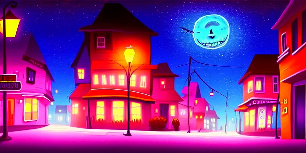 Prompt: curved perspective digital art of a summer night small town street pastel colors from nightmare before christmas by alena aenami