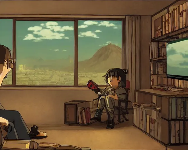 Image similar to beautiful art by studio ghibli of my friend mark kidd playing fallout new vegas on the xbox 3 6 0 in his dark living room. he is illuminated by the glow of the tv. cinematic composition, anime.