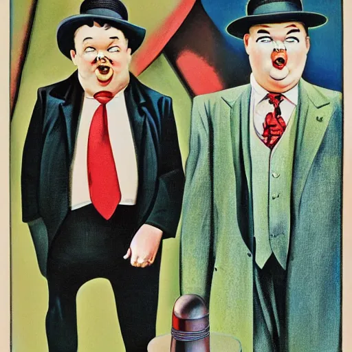 Prompt: Laurel and Hardy in hats are standing, looking into the distance. the man in the centre is facing the front, looking downwards at his stomach by Frank Kelly Freas