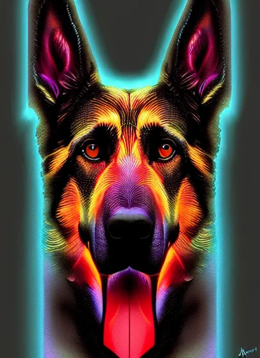 Image similar to symmetry!! product render poster vivid colors divine proportion german shepard hound mix, scifi, glowing fog intricate, elegant, highly detailed, digital painting, artstation, concept art, smooth, sharp focus, illustration, art by artgerm