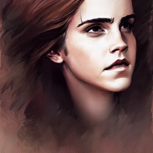 Prompt: portrait of emma watson, her hair waving in the wind, greg rutkowski