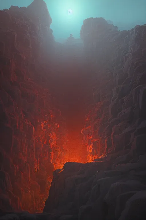 Image similar to Artwork by Beeple of the cinematic view of the Deadly Cave of Spirits, Infernal, Writings.