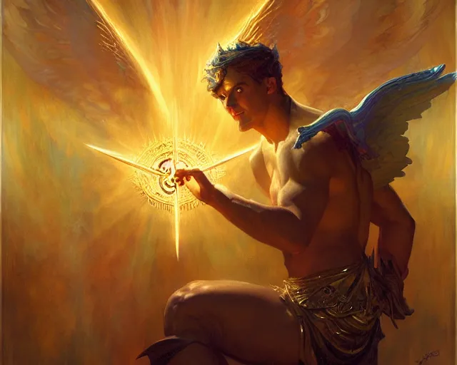 Image similar to attractive male deity, casting demonic magic, summoning handsome lucifer morning star. highly detailed painting by gaston bussiere, craig mullins, j. c. leyendecker 8 k