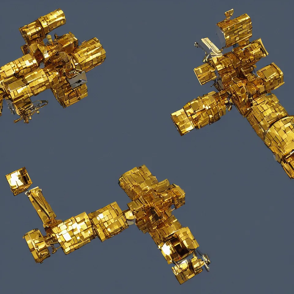 Image similar to gold plated space satellite with miniguns art, smooth, crisp sharp focus, simple draft aaa unreal artstation