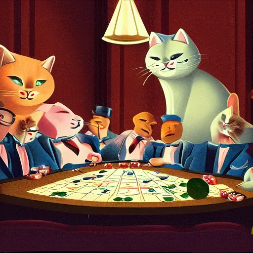 Prompt: fat mobster cats gambling at a table with a single light overhead, dark room, smoke fills the room, american art style