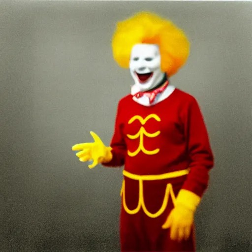 Prompt: amazing picture of ronald mcdonald taken on a pinhole camera makes him look completely terrifying