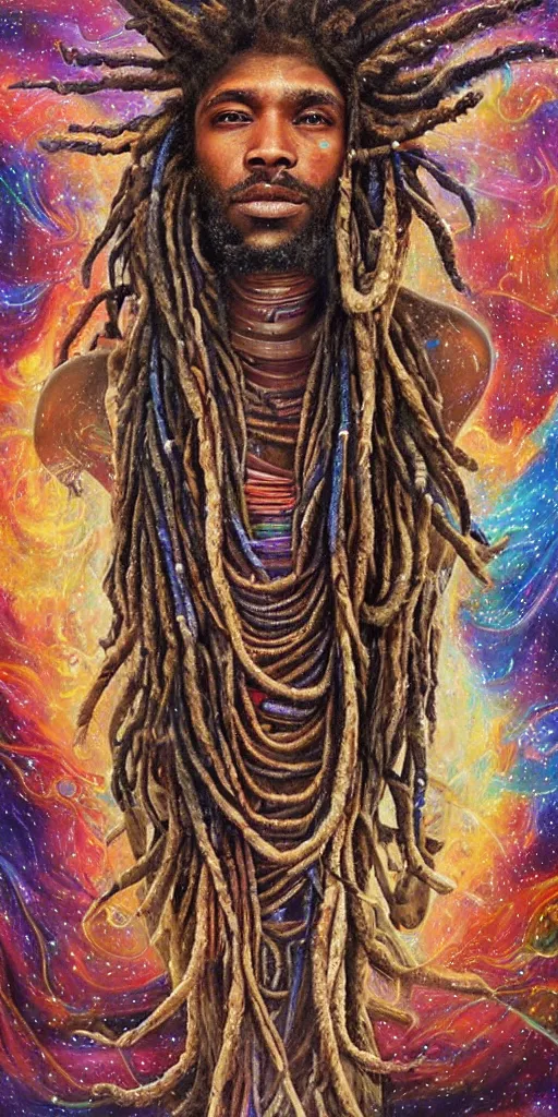 Prompt: a high hyper detailed ultrarealistic painting with many complex textures of man with long dreadlocks making music in the cosmos, cosmic surreal psychedelic magic realism spiritual art