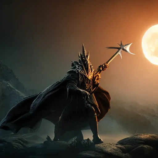 Prompt: dark fantasy, movie the lord of the rings, magical wizard battle with demon balrog, cinematic, octane render, art station, dramatic lighting, beautiful moonlight night, concept art, rococo, photorealistic, intense detail, 8 k