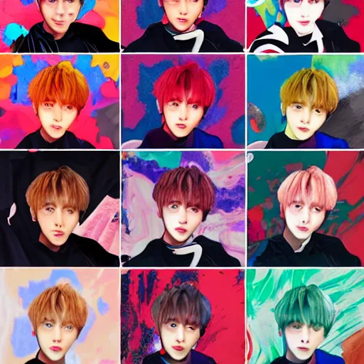 Image similar to haechan from nct in liminal space doing random poses, different angles, different art styles, color restoration