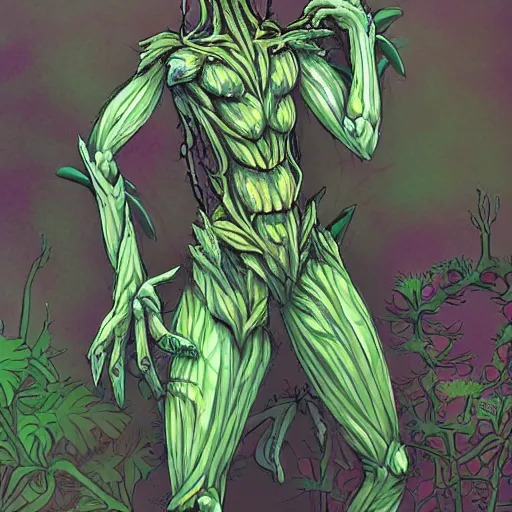 Image similar to A humanoid plant monster, highly detailed, digital art, sharp focus, trending on art station, thistle, anime art style