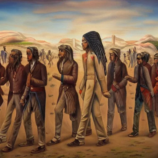 Image similar to trail of tears, surrealism, high detail, masterpiece, oil on canvas