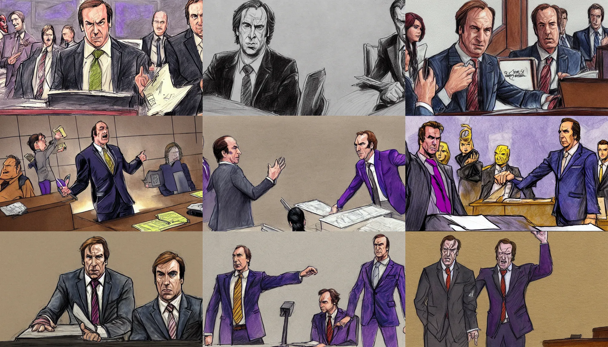 Prompt: Saul Goodman defending Thanos from Marvel Comics in court, courtroom sketch