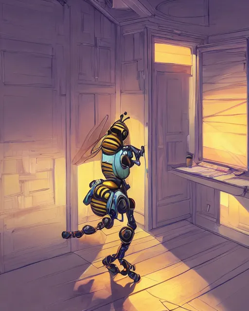 Image similar to a humanoid bee standing in his home in front of the door behance hd artstation by jesper ejsing, by rhads, makoto shinkai and lois van baarle, ilya kuvshinov, ossdraws, that looks like it is from borderlands and by feng zhu and loish and laurie greasley, victo ngai, andreas rocha