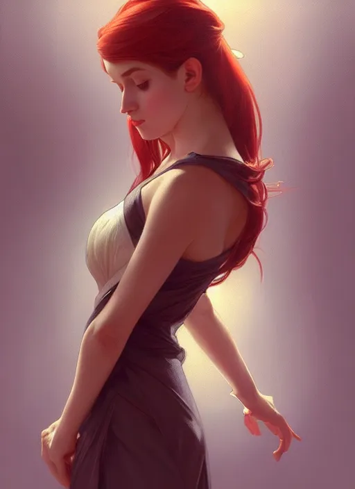 Image similar to a full body fashion photography of a girl focused over chessboard, red hair, intricate, elegant, clearly visible face, highly detailed, digital painting, artstation, concept art, smooth, sharp focus, illustration, art by artgerm and greg rutkowski and alphonse mucha, 8 k
