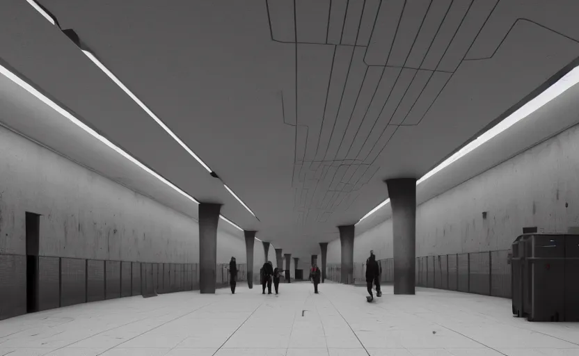 Image similar to Black brutalist quadcopters swarm the wide hallways in a futuristic prison underground with brutalist architecture, staff can be seen carrying black duffel bags, sigma 85mm f/1.4, 4k, unreal engine, concept art, trending on artstation, depth of field, high resolution, 4k, 8k, hd, full color