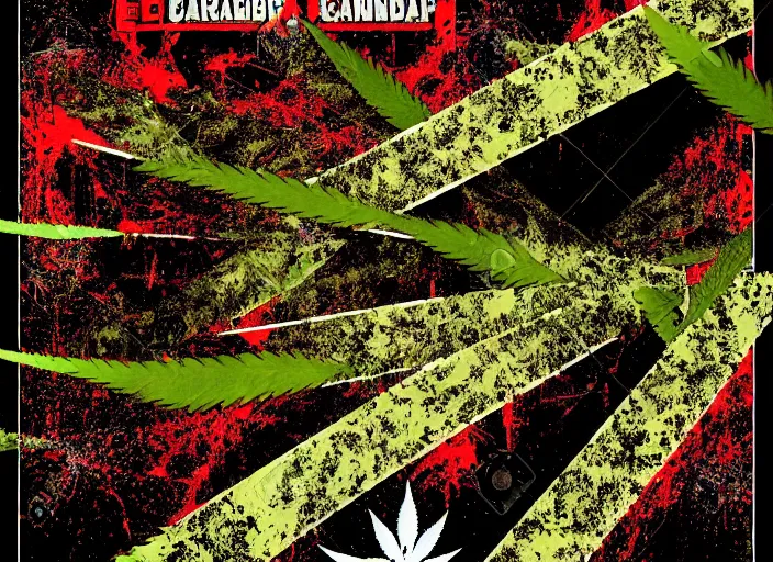 Image similar to category b cannabis film poster, seamless weed texture, blood splatter on the sides, sharp render, painting, grainy tape, glitch, distortion, few details,