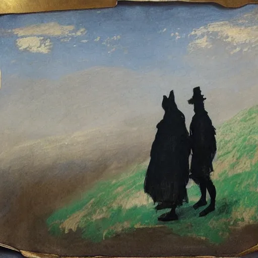 Image similar to concept art, long shot cloaked figures on a mountain, painting styles by Turner and Degas and Magritte and, painted on tarpaper with gold and silver pen and ink and palette knife, 8k, highly detailed _W 1024