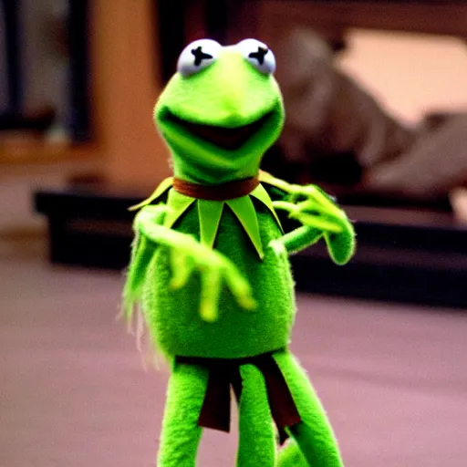 Prompt: Kermit the Frog learning karate.