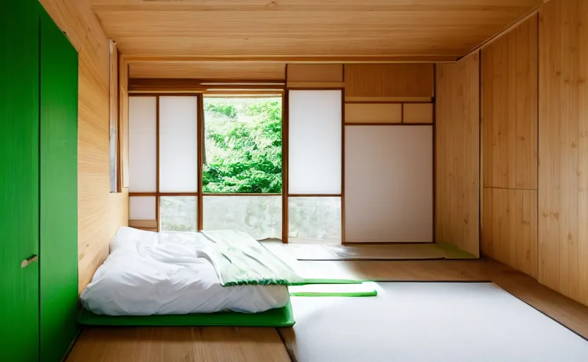 Image similar to interior of a small minimalist bedroom, japanese style, bed, cupboards, bamboo wood, pine wood, white, bright, green, windows with a view of a green park, natural materials, 8 k